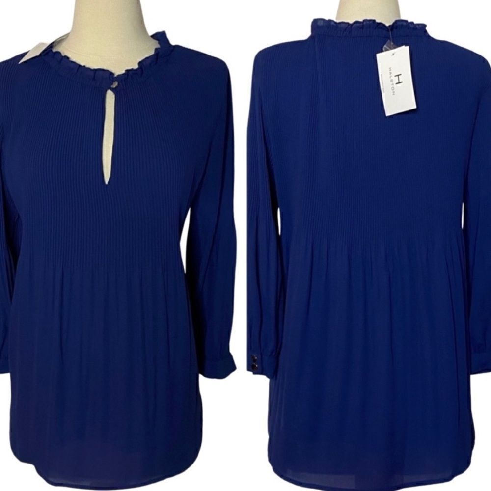 NWT Halston Ruffle Neck Pleated Peasant Blouse